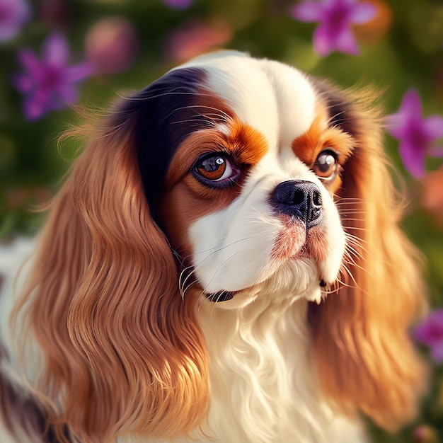 Foto retrato deslumbrante del lindo perro cavalier king charles en el fondo de la naturaleza