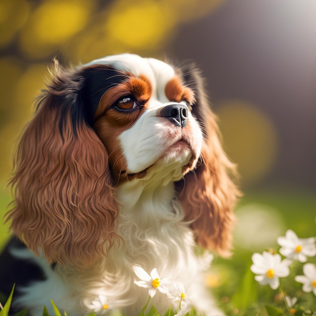 Retrato deslumbrante del lindo perro cavalier king charles en el fondo de la naturaleza