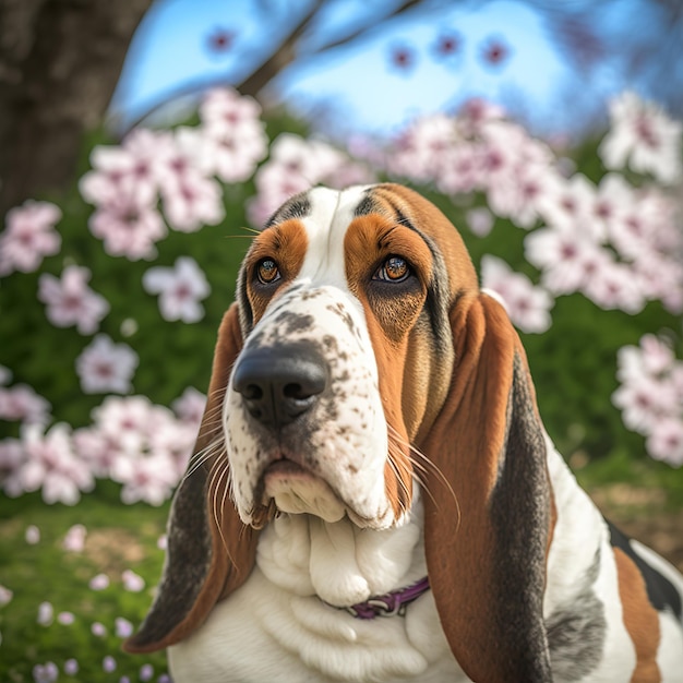 Retrato deslumbrante realista de basset hound en el fondo de la naturaleza al aire libre