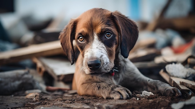 Foto retrato desolador de um cão abandonado no lixo