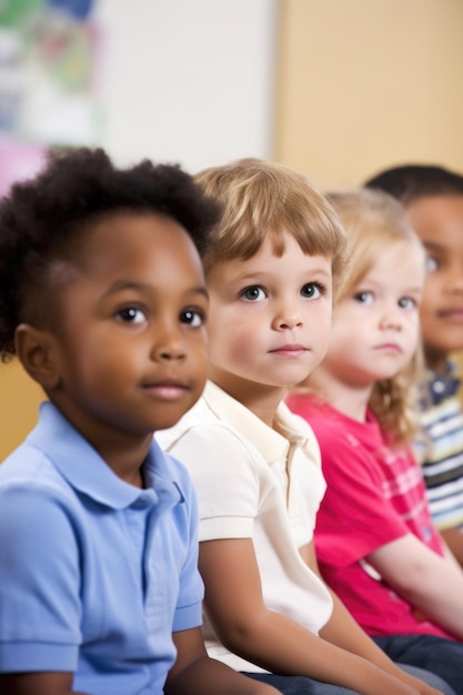 Foto retrato detalhado de um grupo de crianças sentadas juntas em uma sala de aula