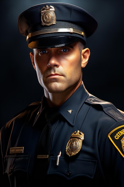 Retrato detalhado de um tiro profissional do estúdio do policial