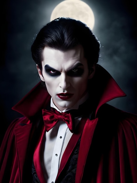 Fantasia masculina de vampiro assustador para o halloween em um fundo  desfocado