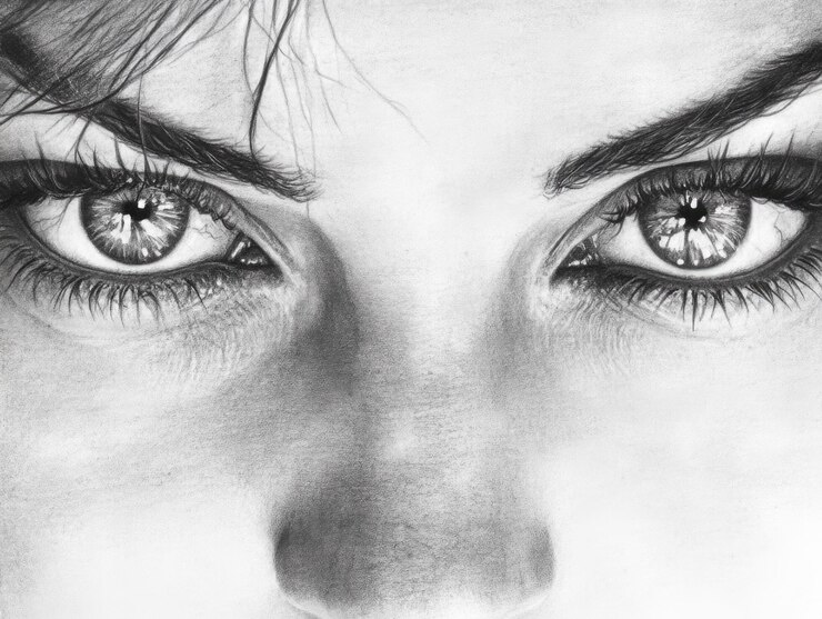 Foto retrato detalhado em preto e branco olhar intenso com olhos refletores