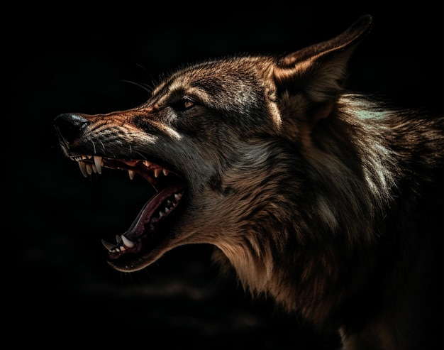 Retrato detallado de una cara de lobo rugiente sobre fondo oscuro ai generativo