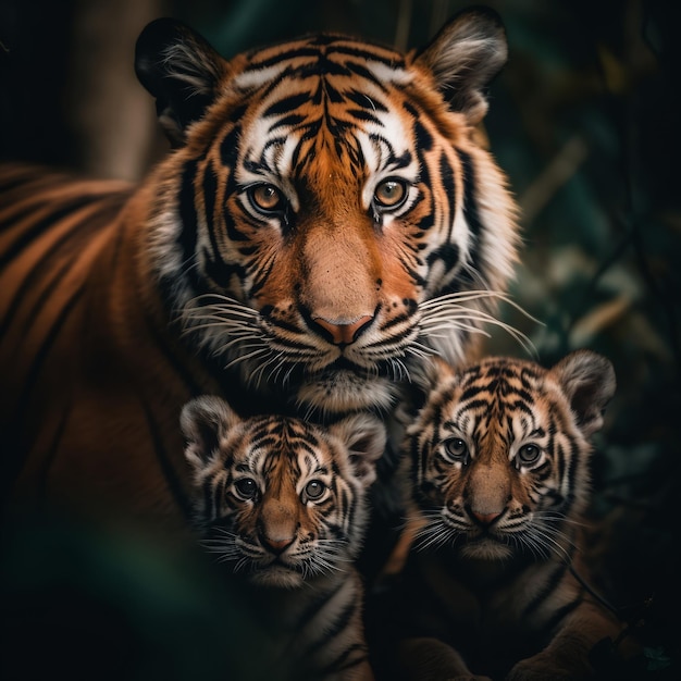 Retrato detallado de la madre y el niño de la familia del tigre.