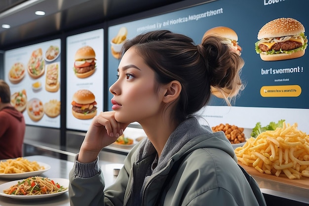 Retrato detallado de una persona que contempla las opciones de comida en un patio de comidas del aeropuerto
