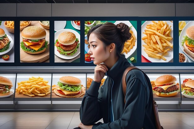 Foto retrato detallado de una persona que contempla las opciones de comida en un patio de comidas del aeropuerto