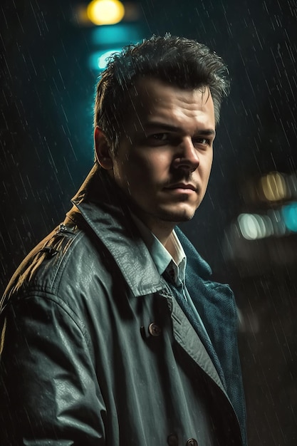 Retrato de detective masculino en la calle por la noche bajo la lluvia en estilo noir cinematográfico IA generativa