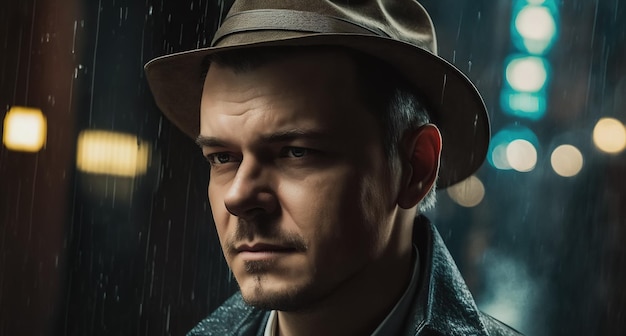 Retrato de un detective masculino con sombrero y abrigo en la calle por la noche bajo la lluvia IA generativa