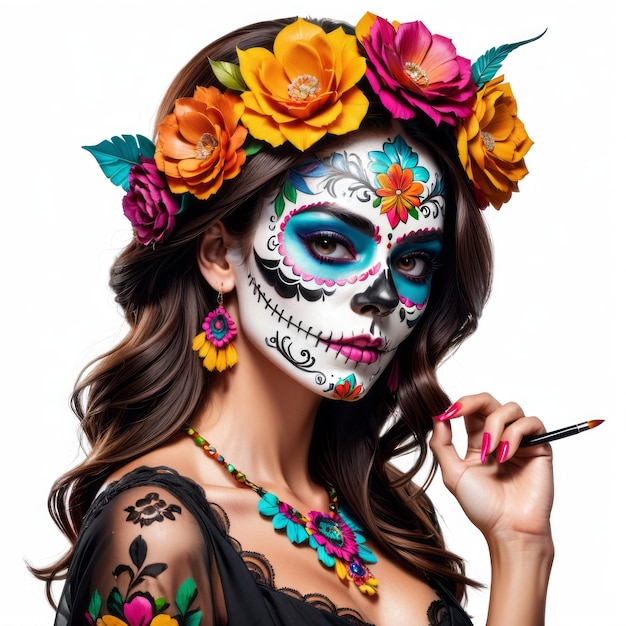 Retrato del día de los muertos Catrina celebración mexicana con maquillaje de calavera Halloween