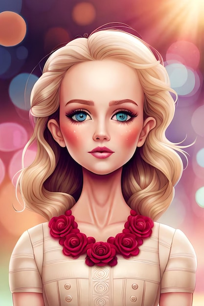 Un retrato de dibujos animados de una chica rubia con un collar y rosas en la cabeza.