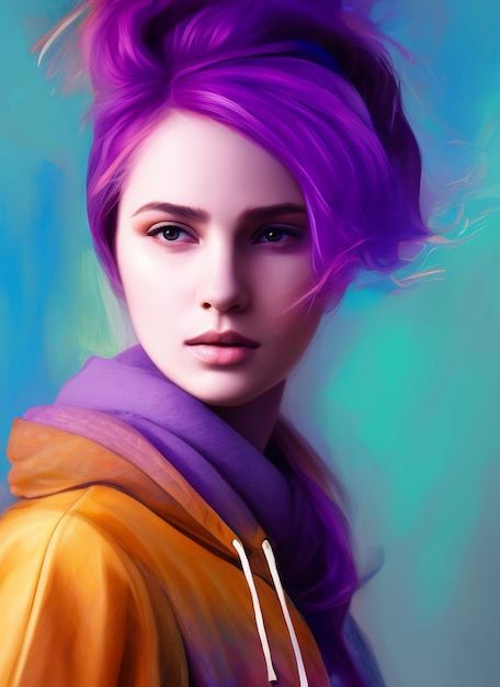 Foto retrato digital de un bello rostro. ilustración de una hermosa chica con cabello morado