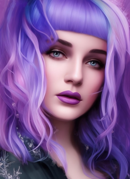 Retrato digital de um rosto bonito. Ilustração abstrata de uma linda mulher com cabelo roxo