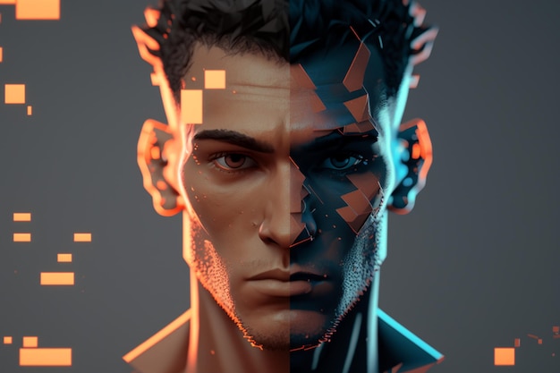 Un retrato digital de un hombre con una cara azul y naranja.