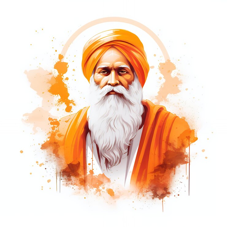 Foto un retrato digital de un hombre sikh con una barba blanca y un turbante contra un fondo de salpicaduras de acuarela naranja