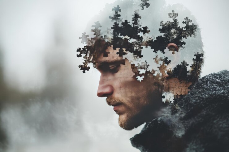 Foto retrato digital surreal de um homem com peças de quebra-cabeça e um fundo tempestuoso simbolizando cognitivo