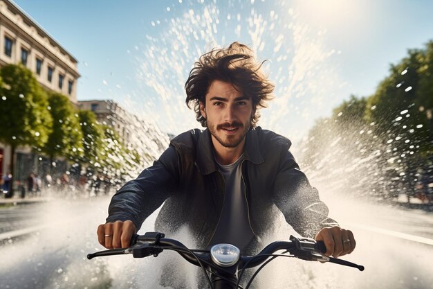 Retrato dinámico de un joven montando una bicicleta en una calle urbana iluminada por el sol con salpicaduras de agua en el fondo que transmiten una sensación de movimiento y libertad