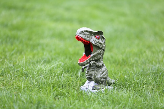 Foto retrato de un dinosaurio en un campo de hierba