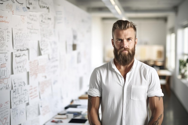 Retrato de un diseñador profesional confiado en el lugar de trabajo de oficina Hombre parado cerca de una pizarra con un proyecto de inicio