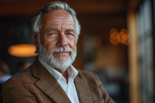 Retrato de un distinguido hombre mayor con barba blanca y una chaqueta de hueso de arenque