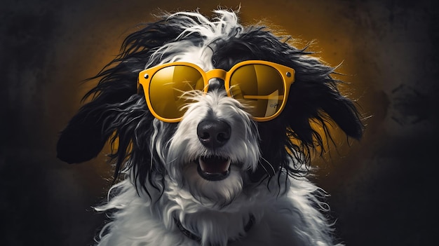 Foto retrato de una divertida superestrella del rock perro pastor