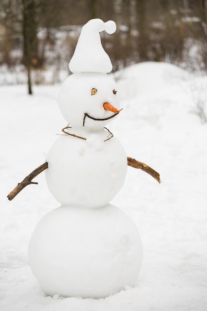 Retrato de divertido muñeco de nieve artesanal con tubo de sombrero de copa y pañuelo rojo