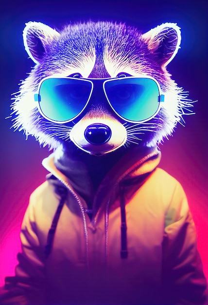 Retrato de un DJ mapache con gafas elegantes DJ mapache en la discoteca