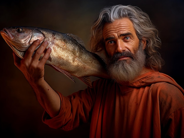 Foto retrato do apóstolo pedro orgulhosamente segurando um peixe