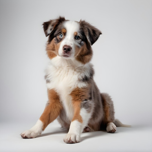 retrato do cachorrinho Australian Shepherd deitado no fundo branco