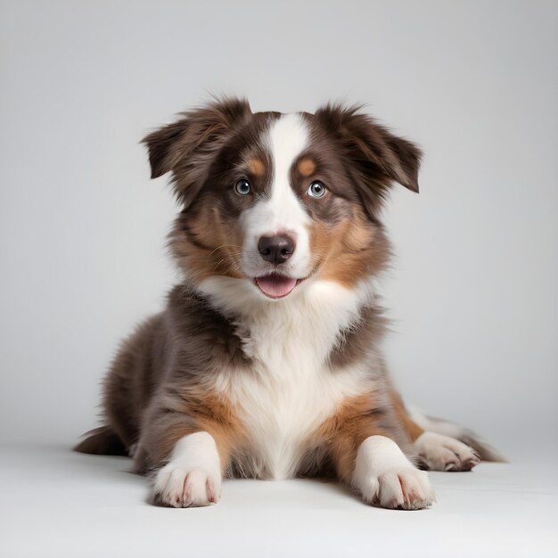 retrato do cachorrinho Australian Shepherd deitado no fundo branco