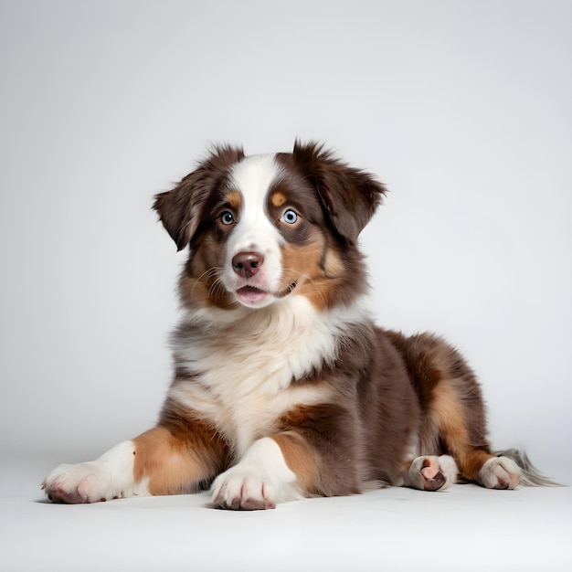 retrato do cachorrinho Australian Shepherd deitado no fundo branco