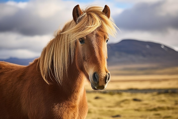 retrato do cavalo islandês na paisagem da Islândia Generative ai