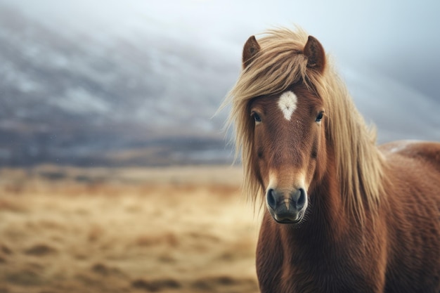 retrato do cavalo islandês na paisagem da Islândia Generative ai