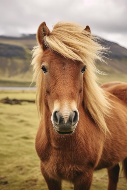 retrato do cavalo islandês na paisagem da Islândia Generative ai