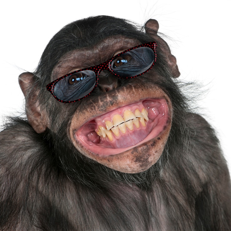 Foto retrato do chimpanzé, tiro do estúdio. (raça mista entre chimpanzé e bonobo)