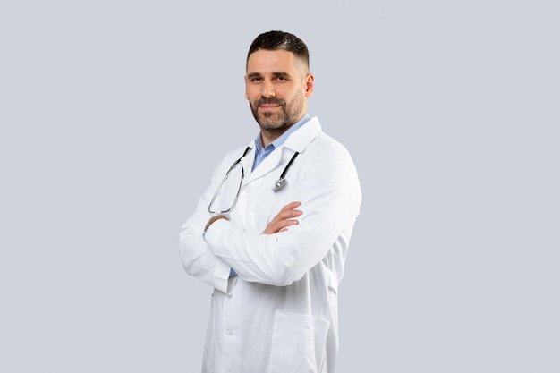 Retrato do conceito de serviços médicos de terapeuta médico de meia-idade em uniforme posando com dobrado