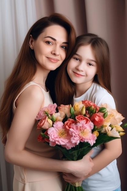 Retrato do dia das mães e menina com flores para cuidar dos pais e criar laços em casa