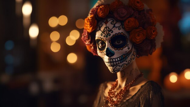 Retrato do dia dos mortos mulher bonita com rosto de caveira fundo mexicano