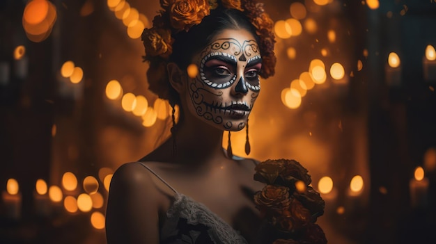 Retrato do dia dos mortos mulher bonita com rosto de caveira fundo mexicano