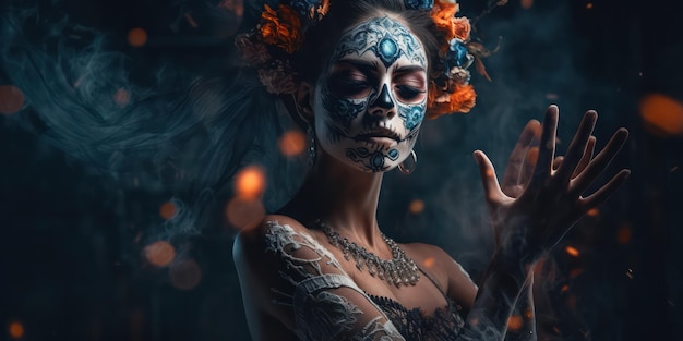 Retrato do dia dos mortos mulher bonita com rosto de caveira fundo mexicano