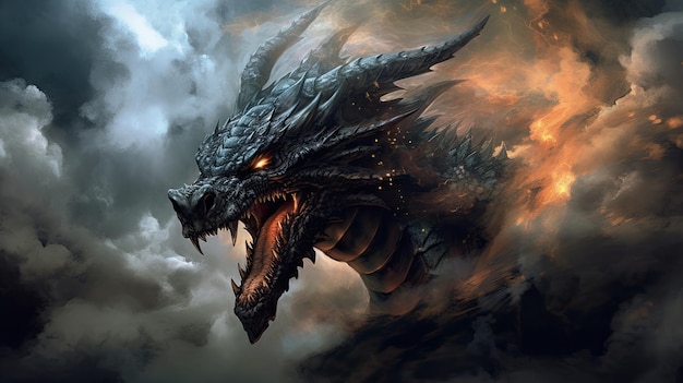 Retrato do dragão negro em fumaça e fogo