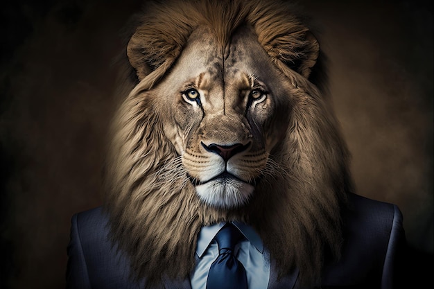 Retrato do empresário leão Cabeça de animal em traje de negócios
