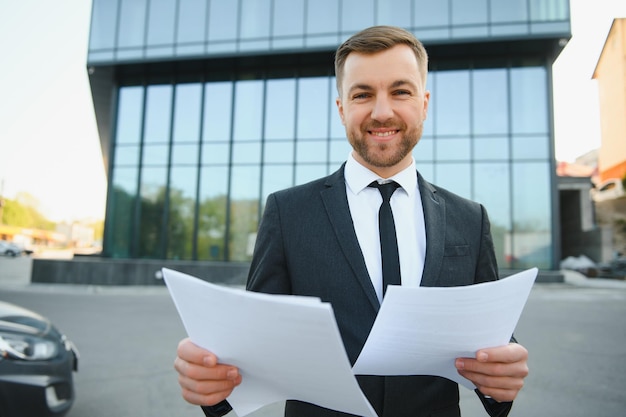 Retrato do empresário masculino moderno bonito segurando pasta com documentos no fundo de edifícios urbanos e escritórios