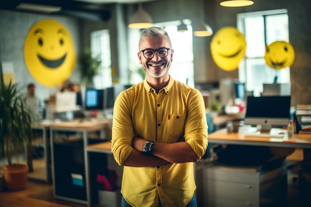 Retrato do empresário sorridente em pé com os braços cruzados no escritório criativo