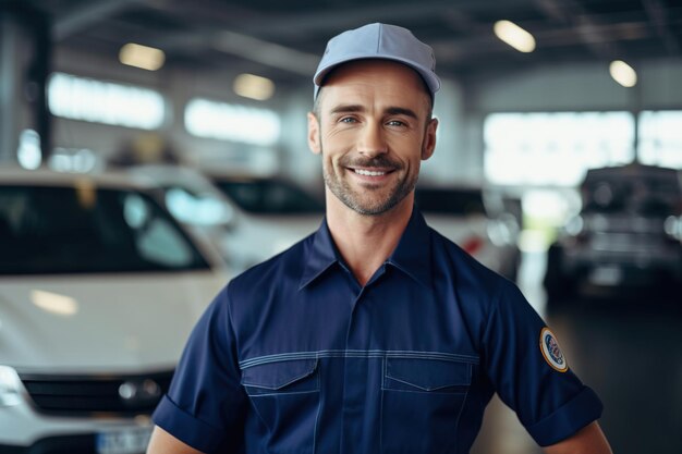 Retrato do engenheiro de manutenção da fábrica da indústria caucasiana usando uniforme e capacete de segurança na face