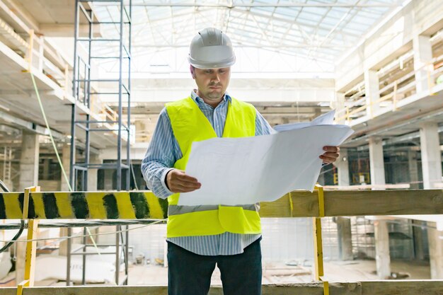 Foto retrato do engenheiro masculino no canteiro de obras.