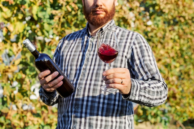 Retrato do fabricante de vinhos bonito segurando em sua mão uma garrafa e um copo de vinho tinto e prová-lo, verificando a qualidade do vinho em pé nas vinhas.