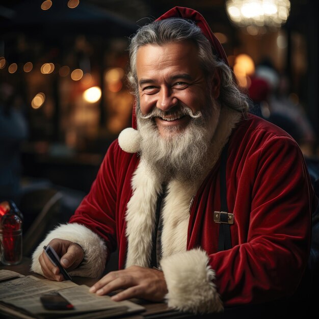 Retrato do feliz Papai Noel sentado em seu quarto em casa perto da árvore de Natal e saco grande e lendo carta de Natal ou lista de desejos