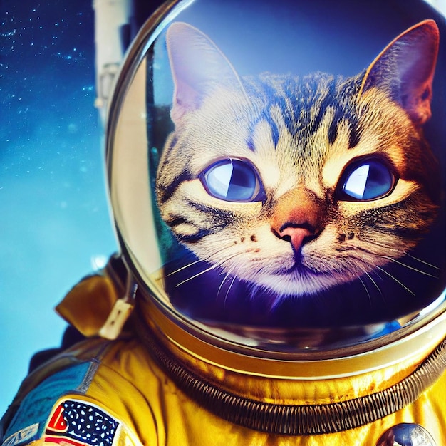 Retrato do gato astronauta na ilustração surreal do espaço